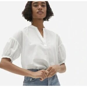 LEE MATHEWS White Cotton Puff Sleeve Mandarin Collar Pullover Top Size 2